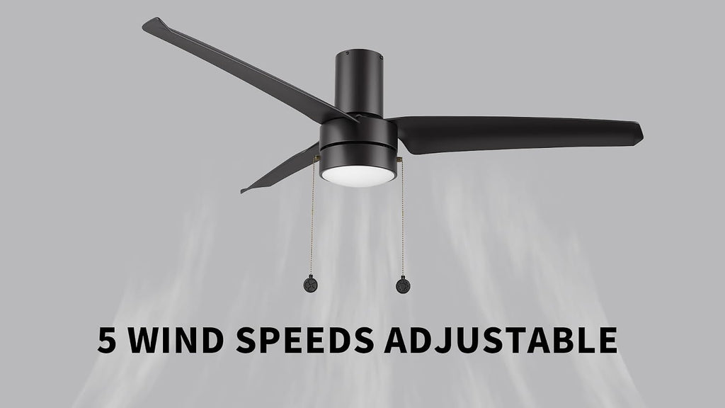 SMAAIR 52 Inch Indoor Ceiling Fans with Pull Chain, Flush Mount Modern Ceiling Fans with Lights, Dimmable LED Ceiling Fan with 3 Blades for Bedroom, Quiet DC Motors, Reversible, Black