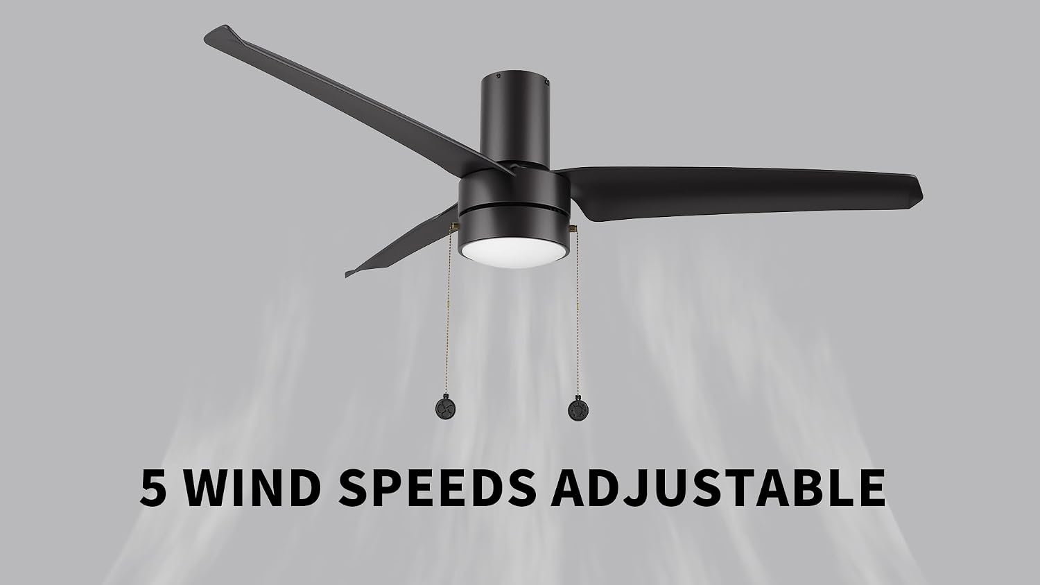 SMAAIR 52 Inch Indoor Ceiling Fans with Pull Chain, Flush Mount Modern Ceiling Fans with Lights, Dimmable LED Ceiling Fan with 3 Blades for Bedroom, Quiet DC Motors, Reversible, Black