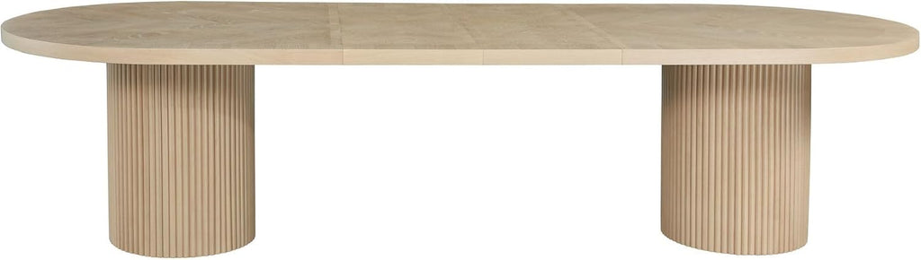 Dobby 90'-123' Extendable Oval Wooden Dining Table, Light Oak | Mid Century Modern, Double Pedestal Base, For 6 People, Large