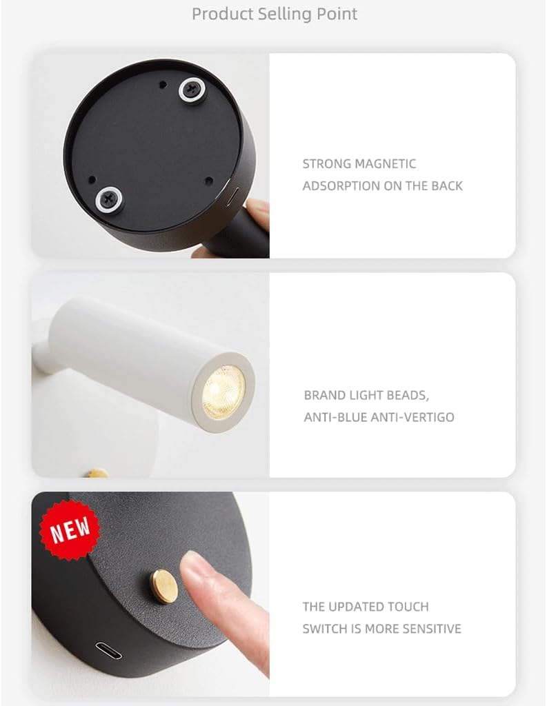 Battery Operated Magnetic Spotlight Wall Sconce – 90°/350° Adjustable LED Rechargeable Stick-On Indoor Reading Lamp, 3000K White Light