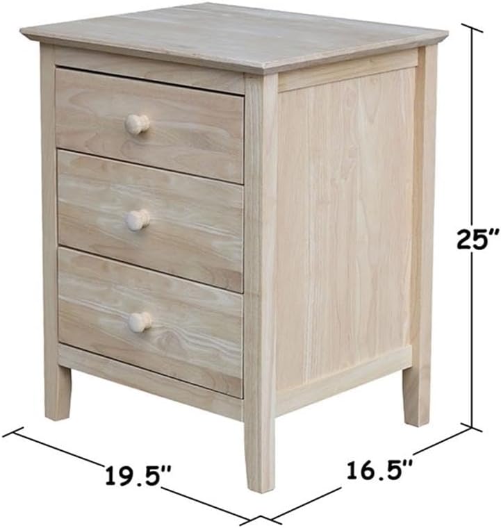 25'H Solid Wood Bedroom Nightstand with 3 Drawers, Parawood Construction, Paint or Stain in Any Color, Durable and Eco-Friendly, Unfinished