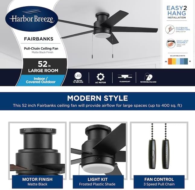 Harbr.Breeze Fairbanks Easy2Hang 52-in Color-Changing Integrated LED Outdoor Flush Mount Matte Black with Black/Sable Blades Ceiling Fan With Light (5 -Blade)