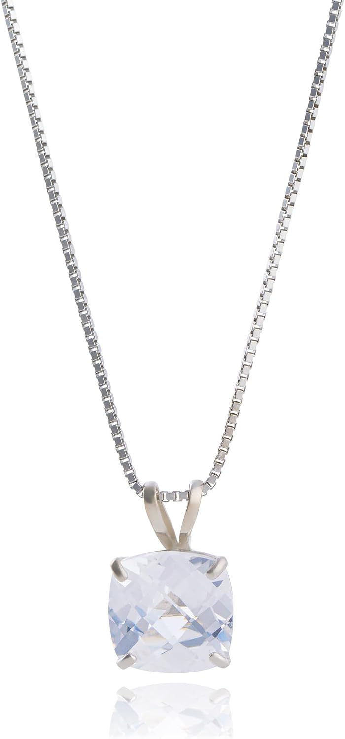 MAX + STONE Cushion Cut Gemstone Necklace | 8mm Solitaire Birthstone Necklace for Women | Gemstone Pendant Necklaces with 18 inch Box Chain