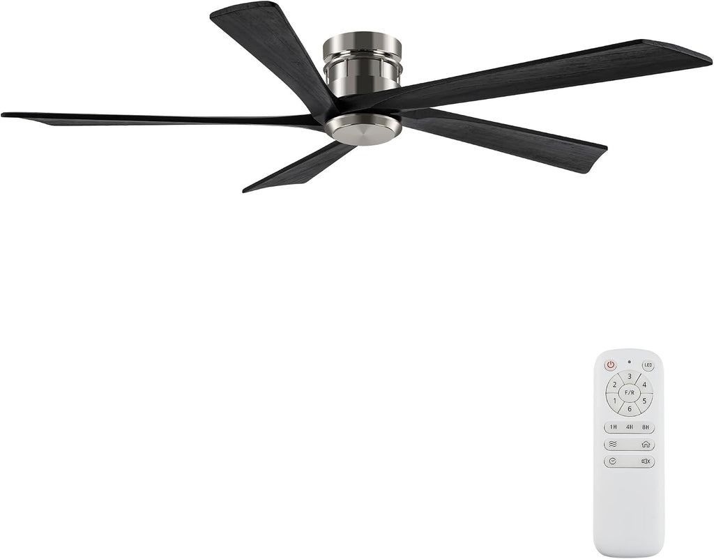 EKIZNSN 72 Inch Brushed Nickel Flush Mount Ceiling Fans without Light for Patios, 110V Noiseless Reversible DC Motor, 6-Gear Speed (Nickel Finish with Black Blades)