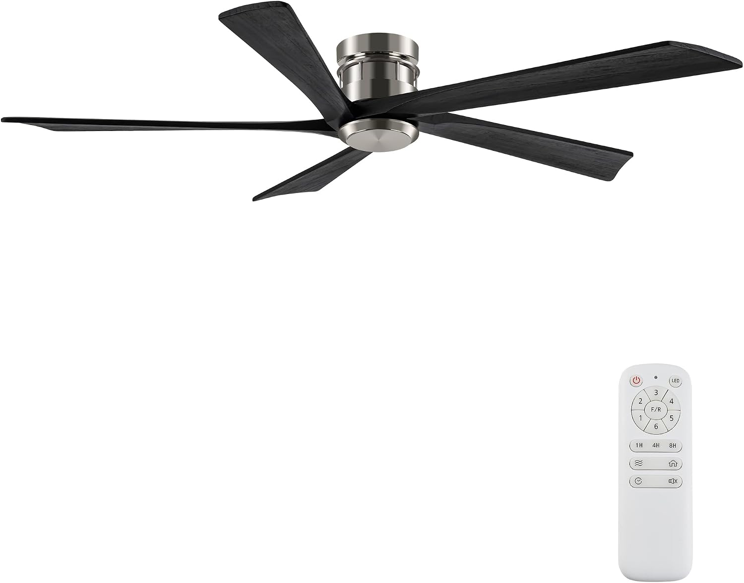 EKIZNSN 72 Inch Brushed Nickel Flush Mount Ceiling Fans without Light for Patios, 110V Noiseless Reversible DC Motor, 6-Gear Speed (Nickel Finish with Black Blades)