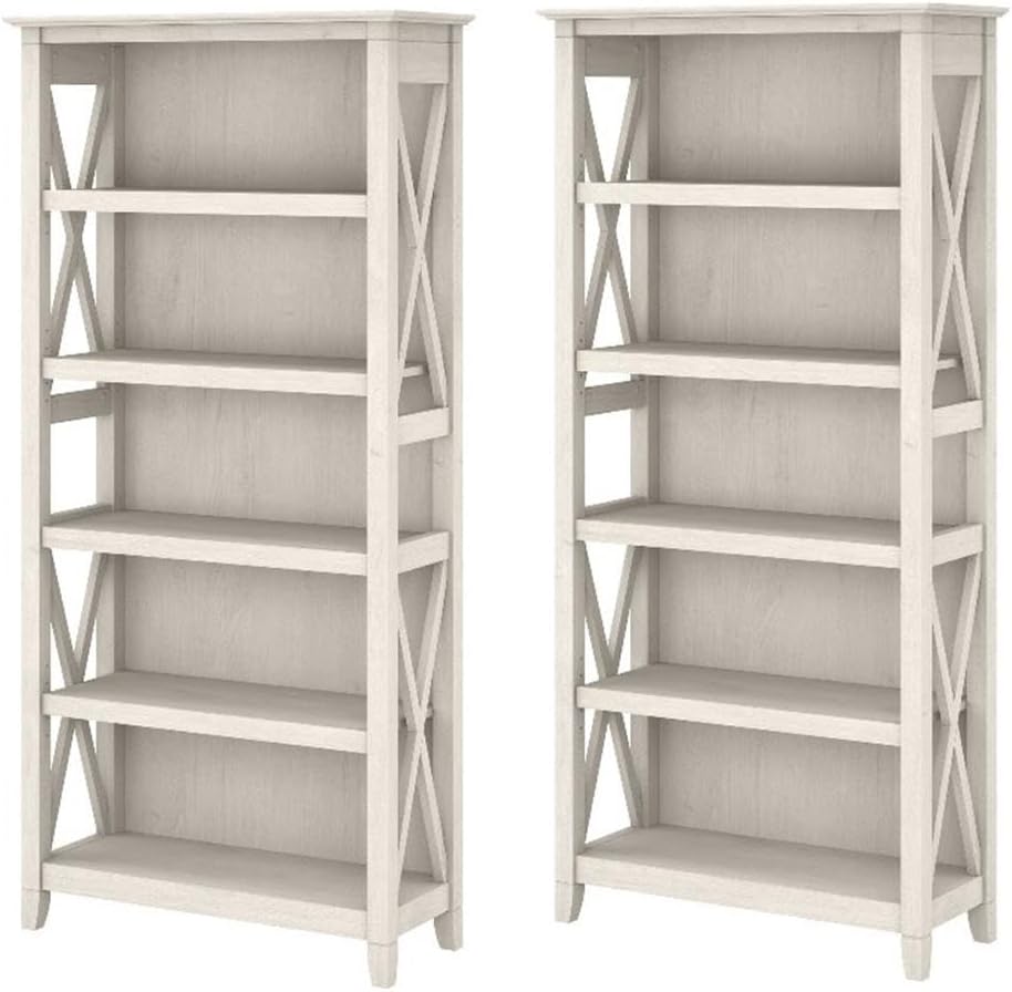Bush Home Key West 5 Shelf Bookcase - Set of 2 | Tall Bookshelves in Linen White Oak | Sturdy Display Shelves for Library, Living Room, and Home Office