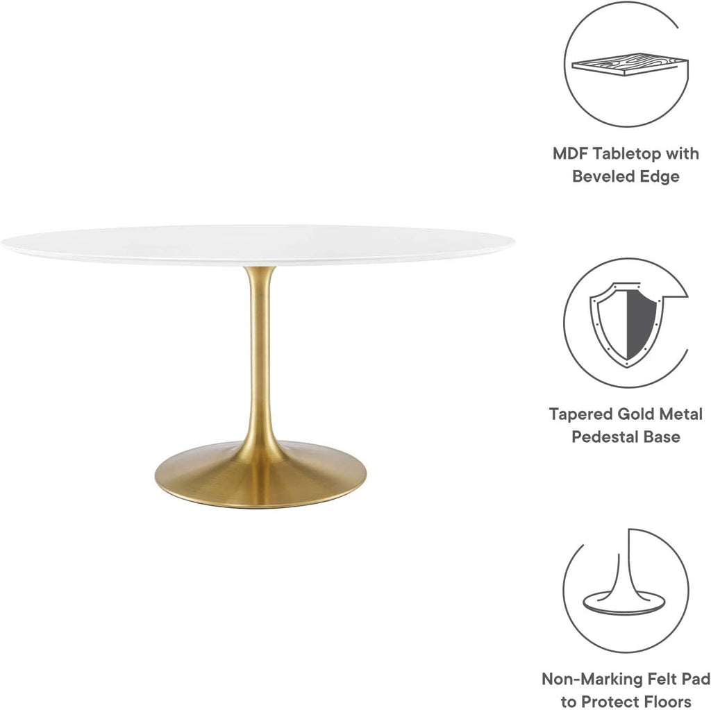 Modway Lippa 60' Oval-Shaped Mid-Century Modern Dining Table with White Wood Top and Gold Base