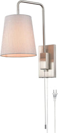 Adjustable Plug-in Wall Light with Switch - Metal Chrome E27 Reading Lamp with Fabric Shade - Classic Indoor Spotlight for Bedroom, Living Room, Hotel