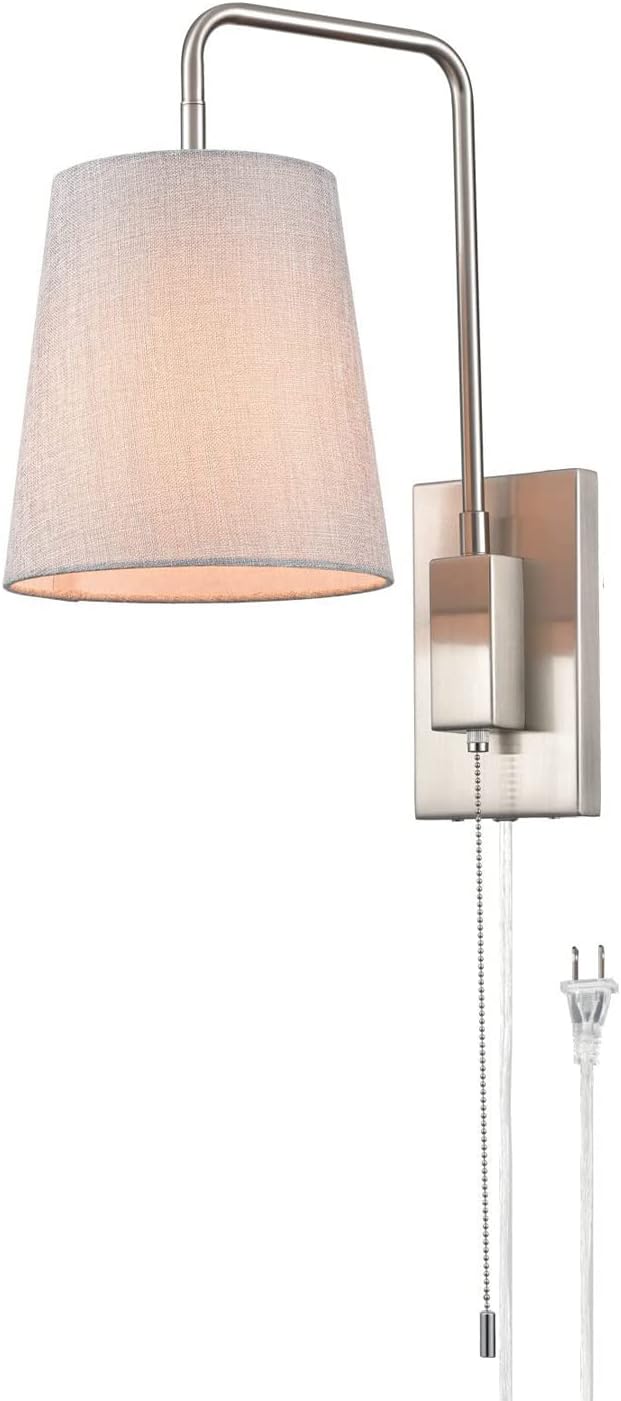 Adjustable Plug-in Wall Light with Switch - Metal Chrome E27 Reading Lamp with Fabric Shade - Classic Indoor Spotlight for Bedroom, Living Room, Hotel