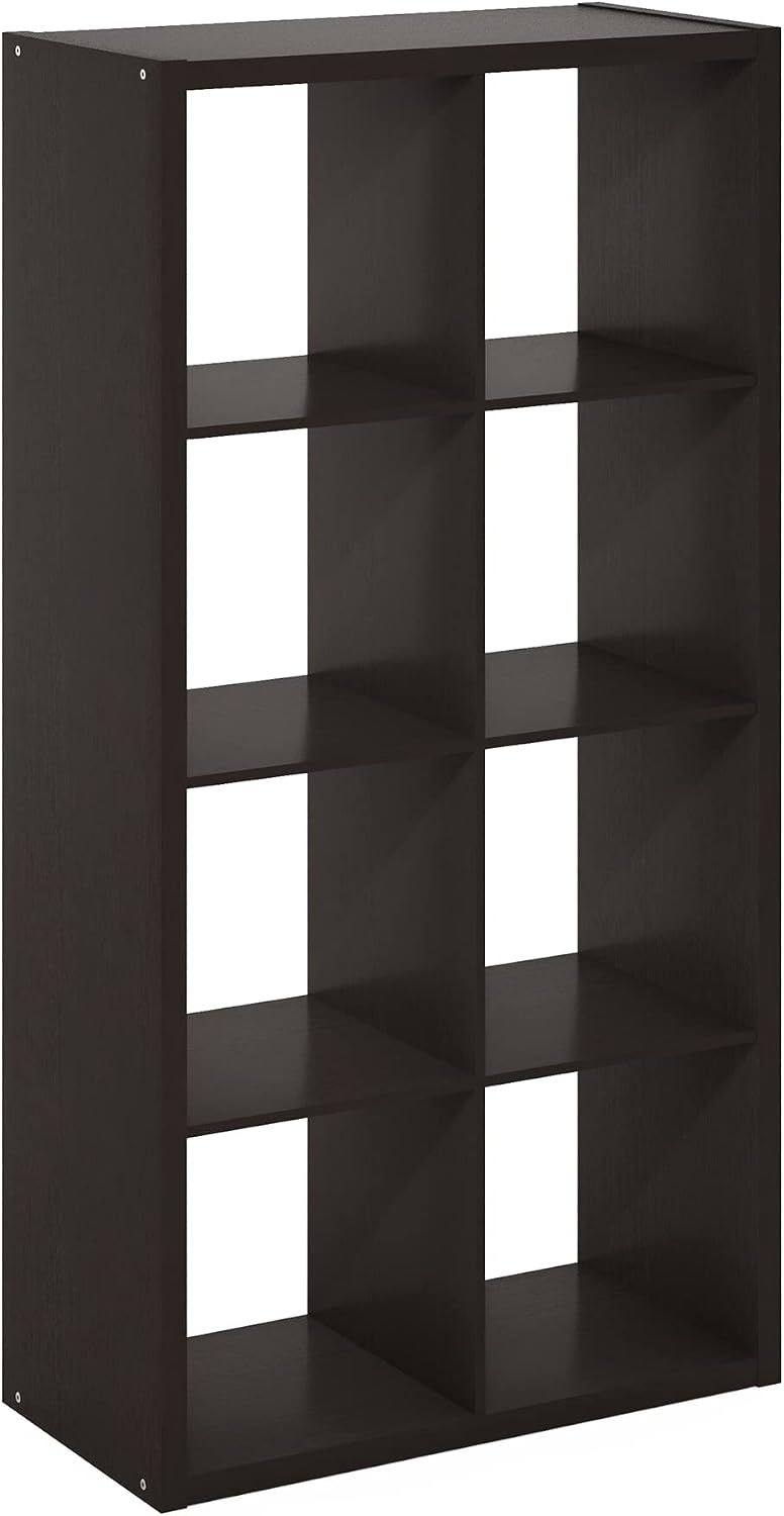 Furinno CUBICLE Book Shelf, 8-Cube Bookshelf, Extra Thick Frame Horizontally & Vertically Reversible Bookcase with Open Back, 14.6' x 30' x 58', for Living Room, Bedroom, Home Office, Black Dark Oak