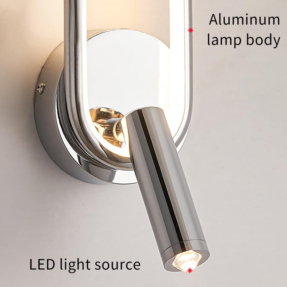 Modern Ring LED Wall Light, Metal Linear Wall Lamps with Swivel Spotlight, Indoor Wall Lighting Fixtures, 3-Color Temperature Wall Mounted Lamp for Living Room Bedroom Porch Hallway Bedside (Silver)