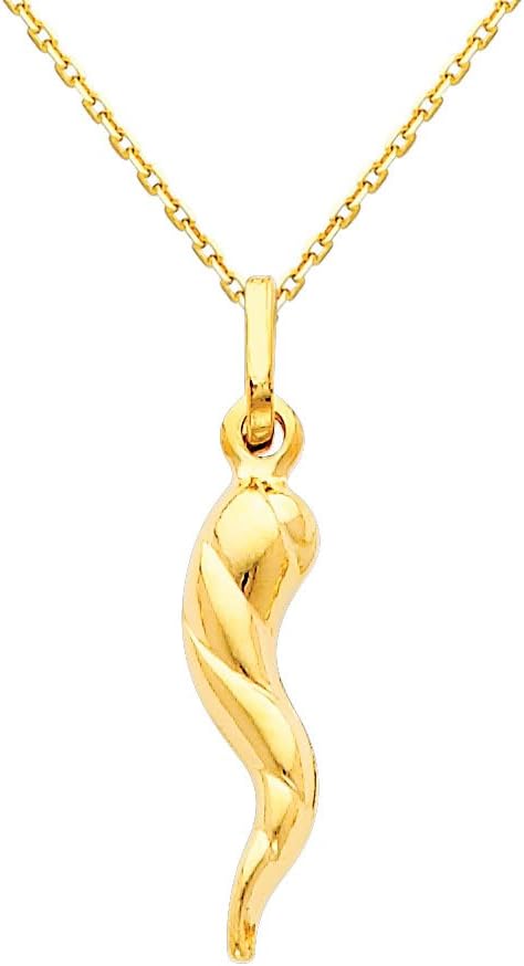 The World Jewelry Center 14k Yellow Gold Twisted Cornicello Italian Horn Pendant with 0.9mm Cable Chain Necklace