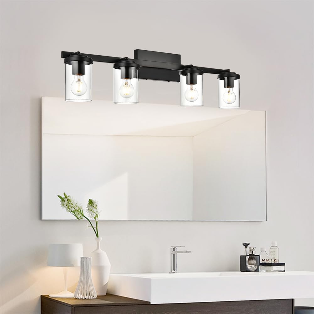 BONLICHT Ceiling Spotlights Track Lighting Kit 4 Light Bathroom Vanity Lighting Black Modern Multi-Directional Ceiling Mount Fixture Industrial Farmhouse Sconces Wall Mount Lamp with Clear Glass Shade