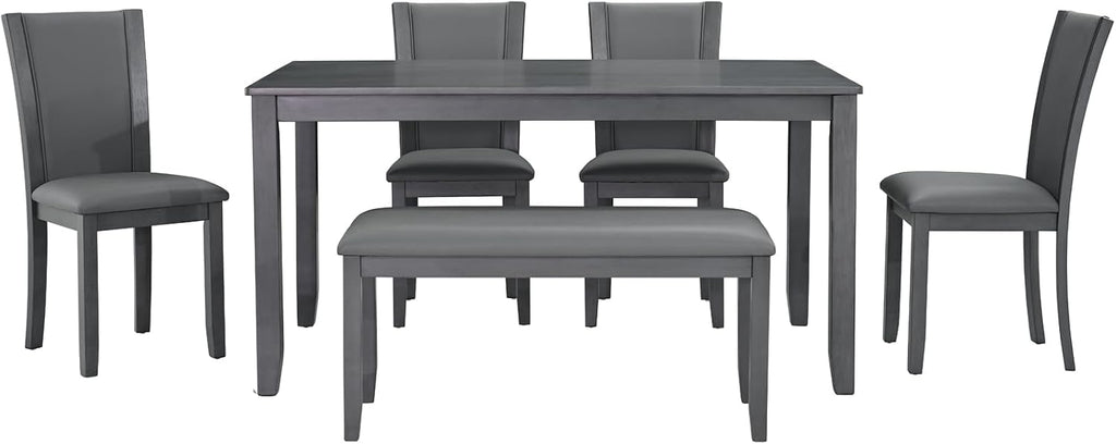 6-Piece Dining Table Set with Bench and Chairs - Solid Wood Kitchen Dining Room Table Set in Farmhouse Rustic Style, Table Set for 6 with 4 Chairs and Bench Seat.(Dark Gray_Large)