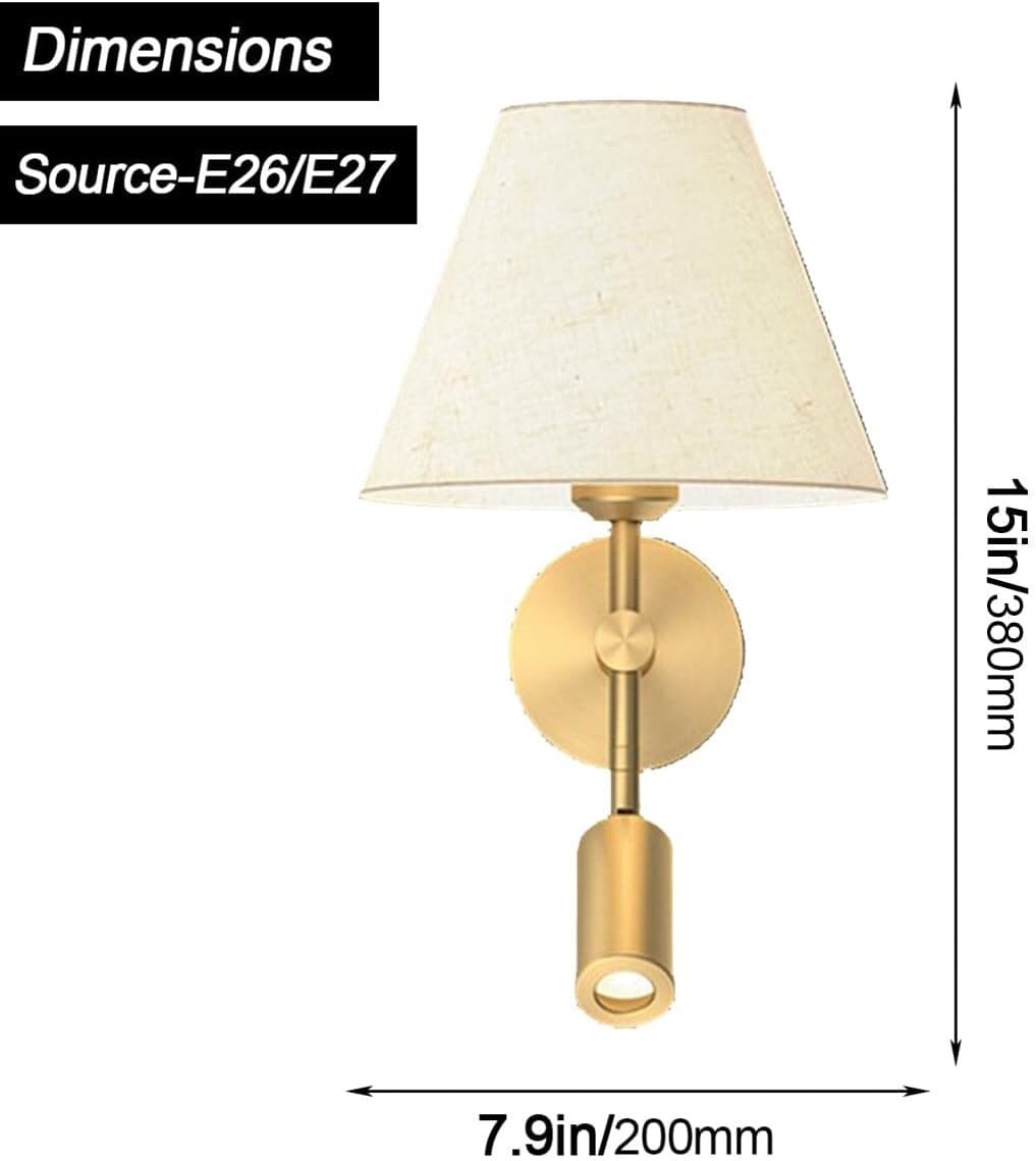 White Fabric Wall Light All Copper Wall Lamps Bedside Reading Lamp Wall Sconce with Spotlight Indoor Wall Mounted Light E27 Base Wall Lighting for Living Room Restaurant Loft Kitchen Oldsix-66