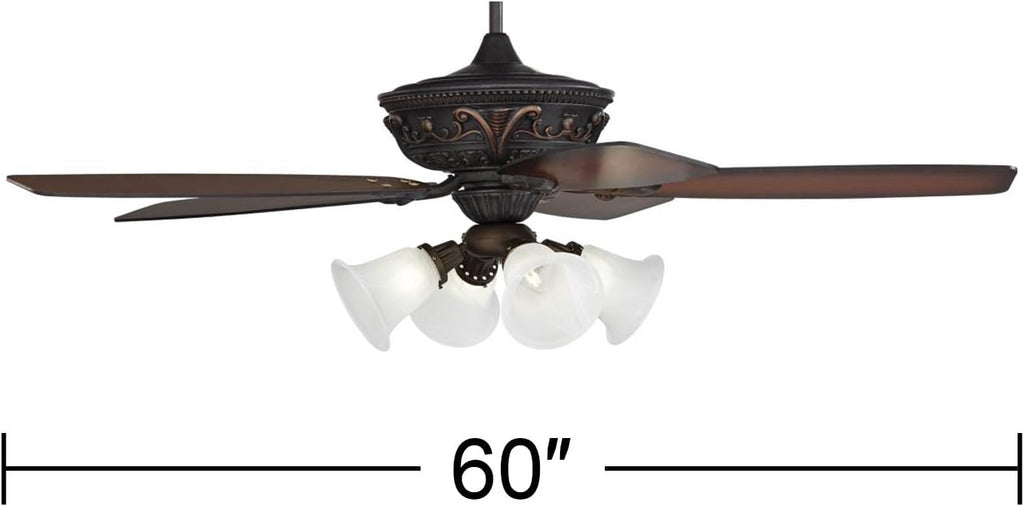 Casa Vieja 60' Montego Traditional Indoor Ceiling Fan 5 Blade Marbleized Glass LED Light Bronze Finish Brown Teak Finish Blades Bedroom Living Room Kitchen Dining Room Decorative Bright Downrod