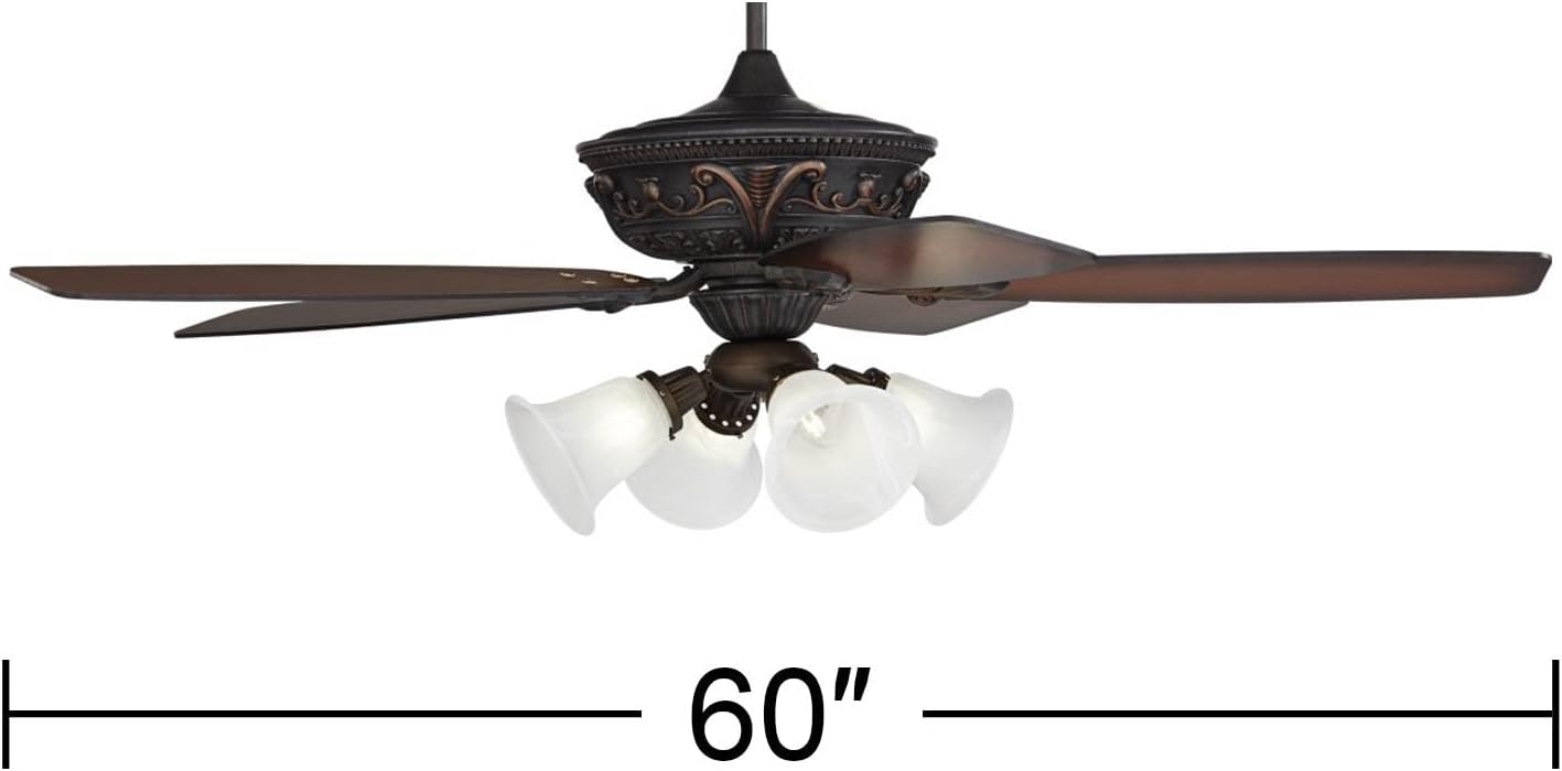 Casa Vieja 60' Montego Traditional Indoor Ceiling Fan 5 Blade Marbleized Glass LED Light Bronze Finish Brown Teak Finish Blades Bedroom Living Room Kitchen Dining Room Decorative Bright Downrod