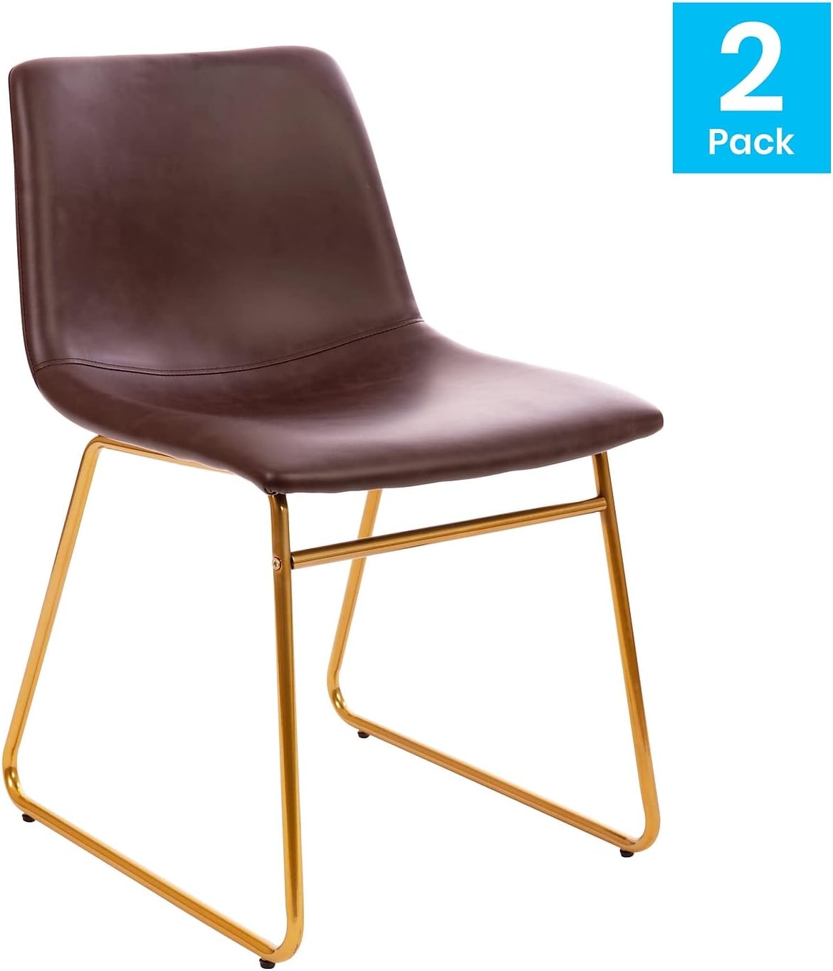 Flash Furniture Butler 18 Inch Commercial Grade LeatherSoft Dining Table Height Chair, Mid-Back Gold Sled Base with Dark Brown LeatherSoft Upholstery, Set of 2