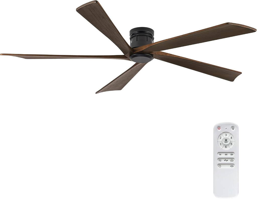 EKIZNSN 84 Inch Low Profile Flush Mount Outdoor Ceiling Fan without Light for Patios, 5 Walnut Wood Blades, 6-Gear Speed, 110V Noiseless DC Motor (Black Finish with Walnut Blades)