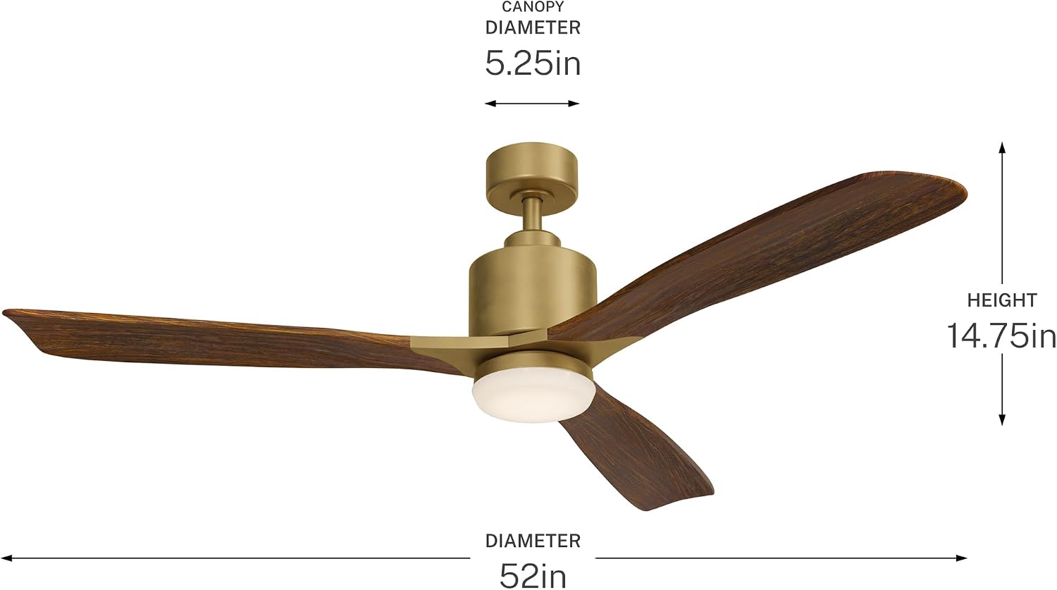 Kichler Ridley II 52' Ceiling Fan and Light Kit in Natural Brass, 3-Blade LED Ceiling Fan in Cherry Finish, 3000K, (52' W x 14.5' H), 300027NBR