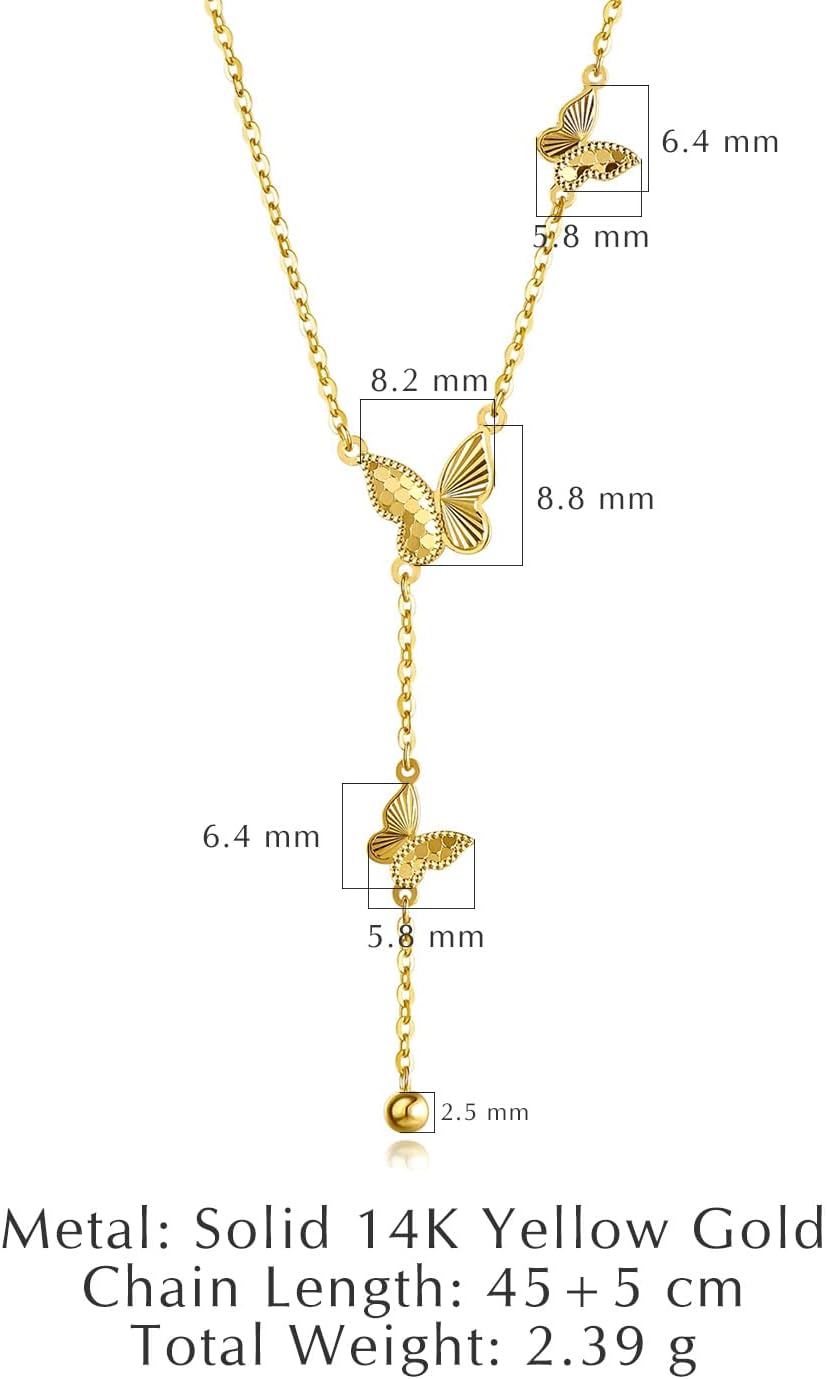 FANCIME 14K Solid Yellow Gold Double Butterfly Y Shape Pendant Necklace Diamond Cut Design Fine Jewelry Gift for Women, With 16+2' Solid Gold Cable Chain