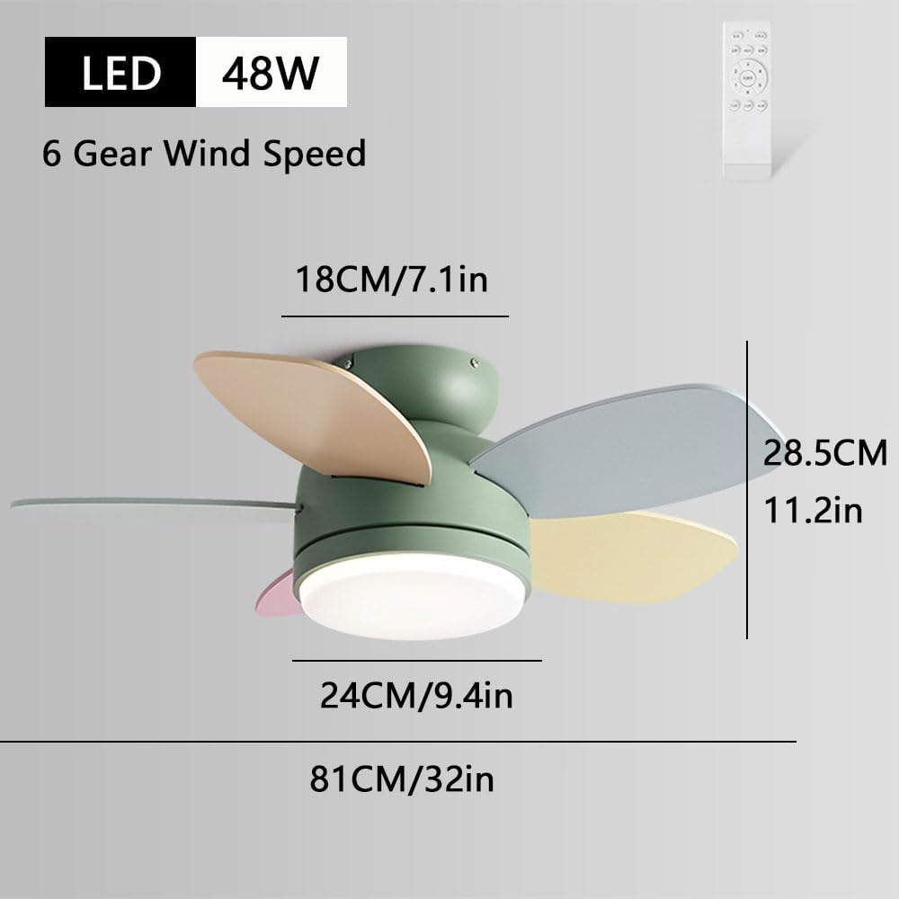 Flush Mount 32in Ceiling Fan with Light 6 Speed Quiet Colorful Ceiling Fans Remote LED Ceiling Lights Fan Lighting Timing Reversible Fan Light for Bedroom Kids Room Lounge
