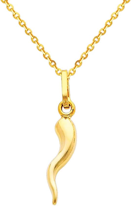 The World Jewelry Center 14k Yellow Gold Cornicello Italian Horn Pendant with 1.2mm Cable Chain Necklace