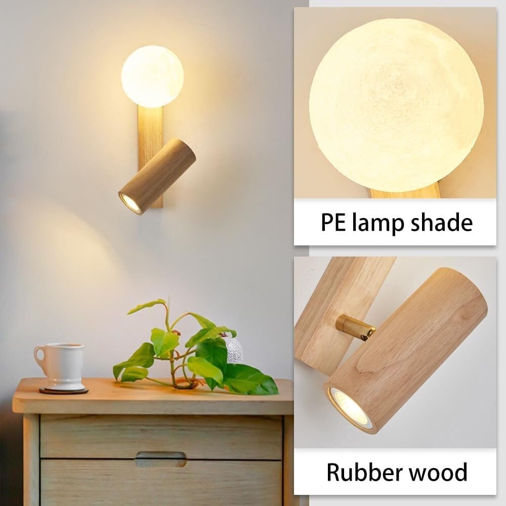 Modern Nordic Solid Wood Wall Sconce Minimalist Globe Acrylic Shade Mount Light with Small Rubber Wood Spotlight Indoor Cozy Ambient Wall Lamp for Living Room Hallway(3 Color Mode) (3 Color Mode