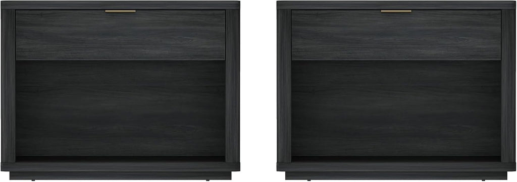 Manhattan Comfort Evelyn Set of 2 Nightstands with Drawer and Open Shelf, Minimalist Bedside Table with Rounded Corners & Raised Base, Modern Night Stand for Bedroom, or Living Room in Charcoal Grey