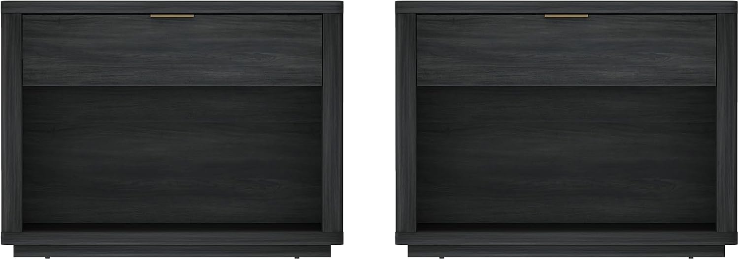 Manhattan Comfort Evelyn Set of 2 Nightstands with Drawer and Open Shelf, Minimalist Bedside Table with Rounded Corners & Raised Base, Modern Night Stand for Bedroom, or Living Room in Charcoal Grey