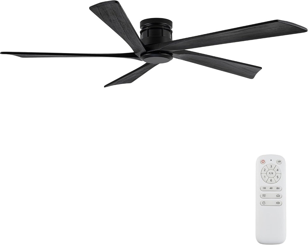 EKIZNSN 64 Inch Outdoor Low Profile Flush Mount Ceiling Fans without Lights for Patios, 110V Noiseless Reversible DC Motor, 6-Gear Speed (Black Finish with Black Blades)