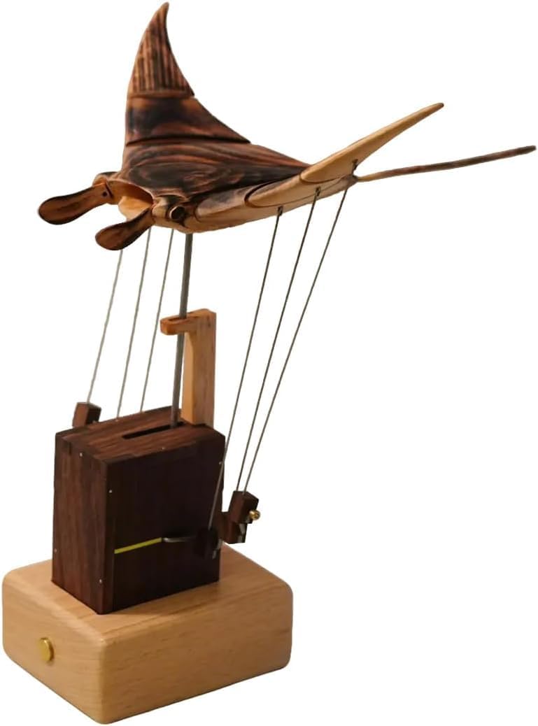 3D Wooden Kinetic Manta Ray, Dynamic Sculpture for Desk Decor from Natural Walnut & Beech Wood, Soothing Motion Art Gift for Adults & Collectors