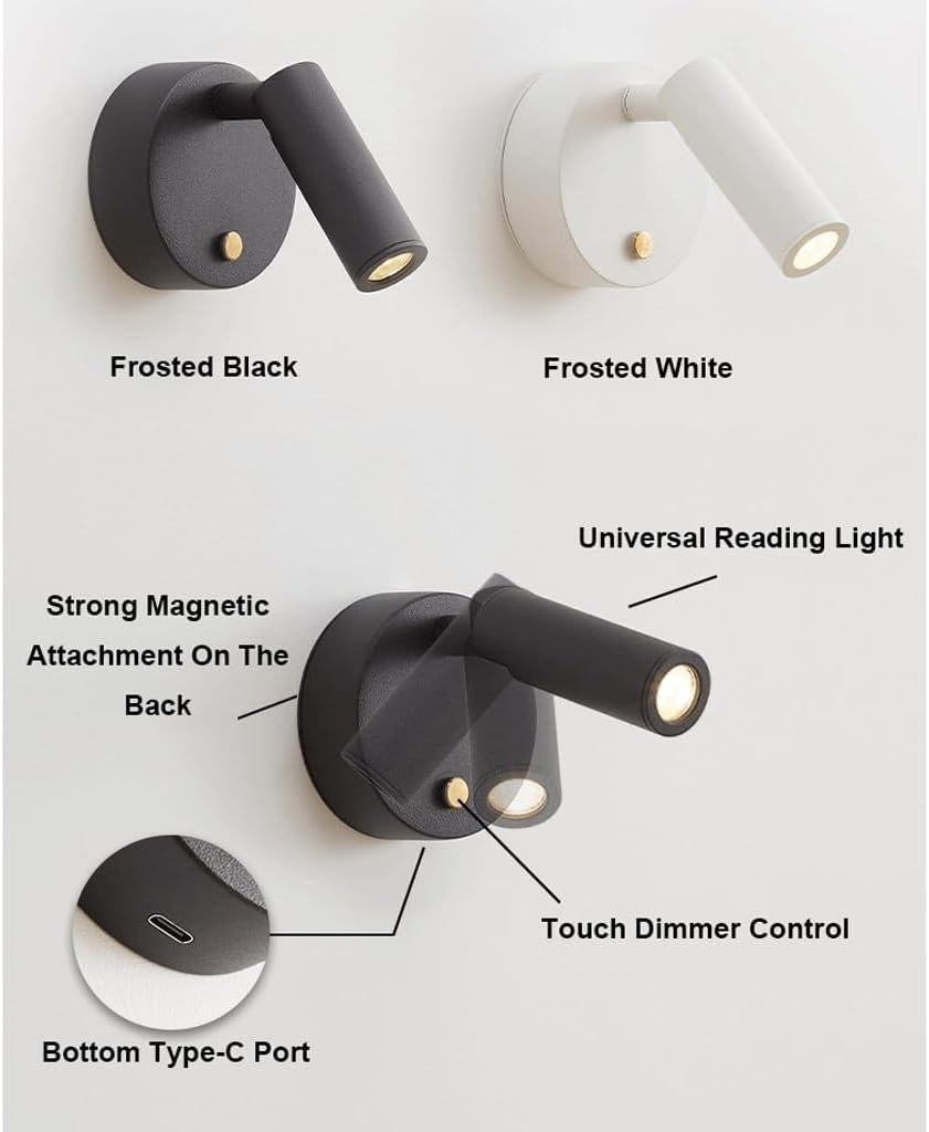 Battery Operated Magnetic Spotlight Wall Sconce – 90°/350° Adjustable LED Rechargeable Stick-On Indoor Reading Lamp, 3000K White Light