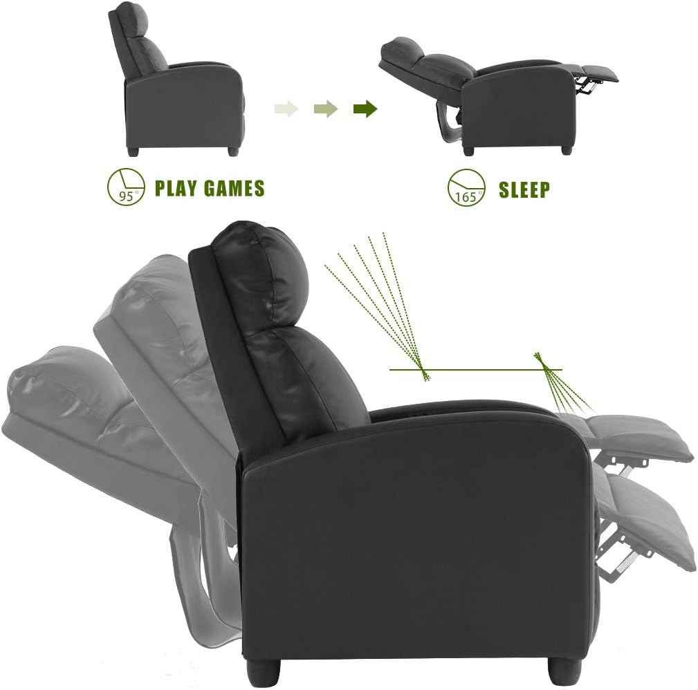 PayLessHere Recliner Chair Single Reclining Sofa Home Theater Seating with Lumbar Support and Padded Backrest for Living Room and Bedroom (Leather, Dark Black)