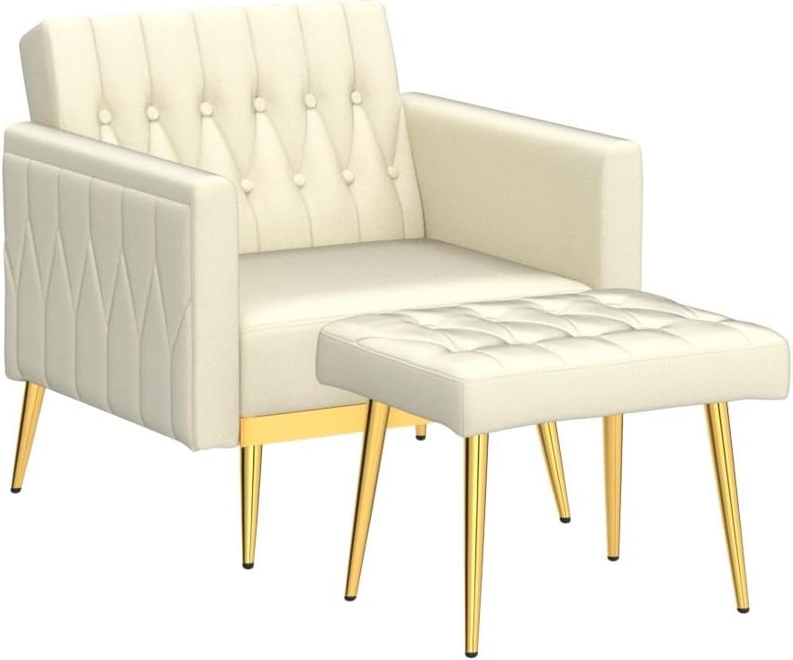 Velvet Accent Chair with Adjustable Armrests and Backrest, Button Tufted Lounge Chair, Single Recliner Armchair with Ottoman and Pillow for Living Room, Bedroom,Beige