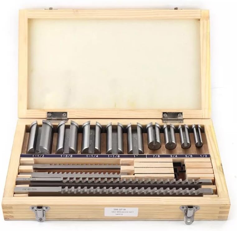 18-Piece HSS Keyway Broach Set with Bushings and Spacers for Imperial Inch Sizes 1/8' to 1-1/2', CNC Metalworking and Machining Tool