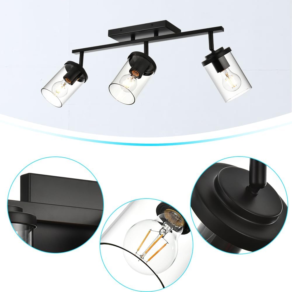 BONLICHT Industrial Vintage Indoor Wall Mount Spotlight 3 Light Modern Semi Flush Mount Ceiling Light Black Adjustable Track Lighting Kit Rustic Bathroom Vanity Light Fixture with Clear Glass Shade