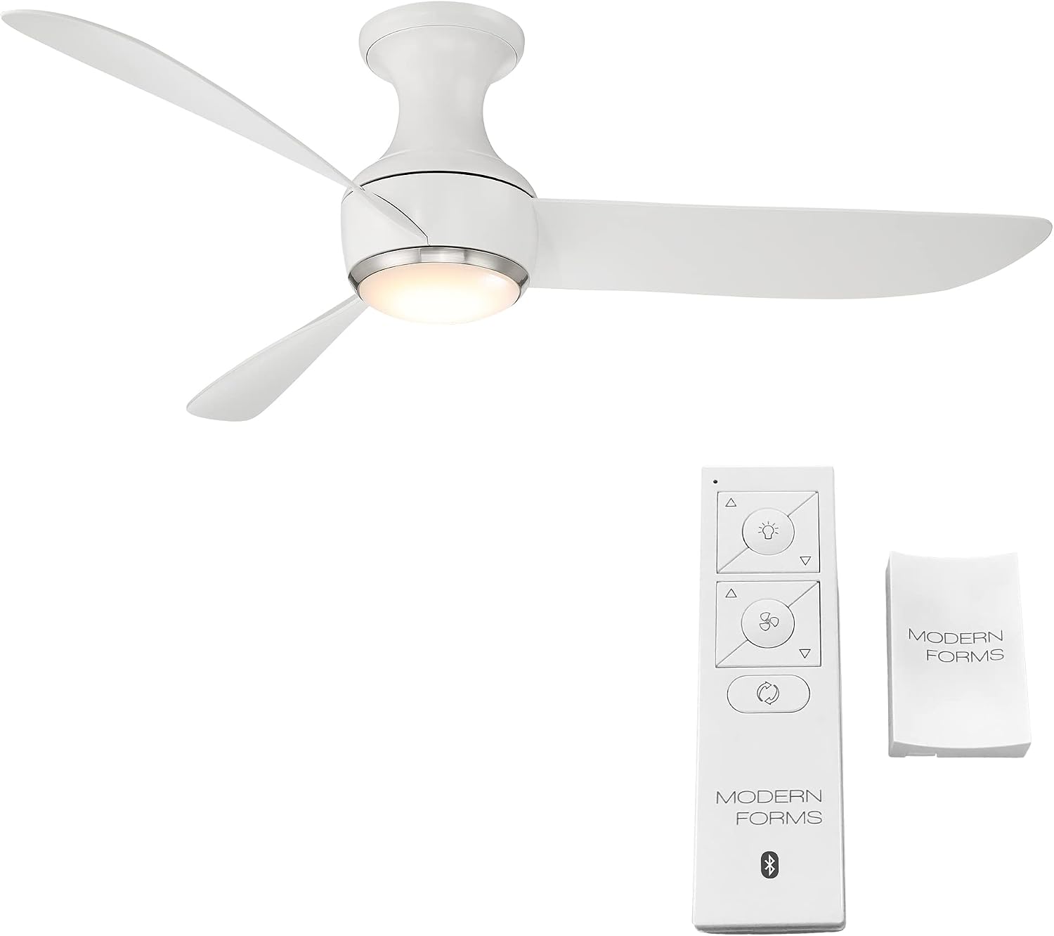 Modern Forms Corona Smart Indoor and Outdoor 3-Blade Flush Mount Ceiling Fan 52in Nickel White 3000K LED Light Kit and Remote Control worksworks with Alexa and iOS or Android App, 52in Blade Span