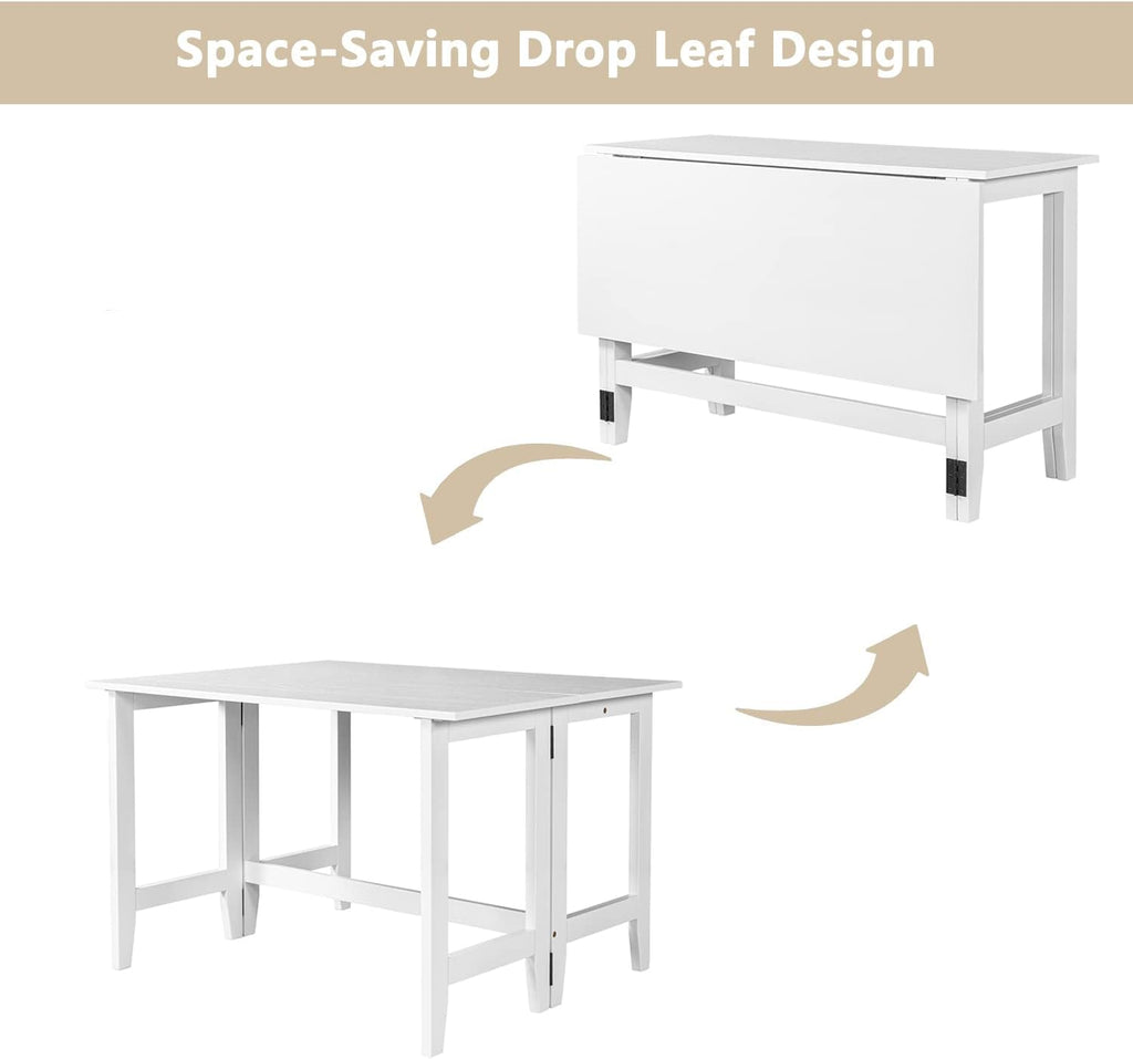Merax Farmhouse Wood Extendable Dining Table with Drop Leaf for Small Places, Modern Freestanding Scalable Desk for Kitchen & Living Room, White