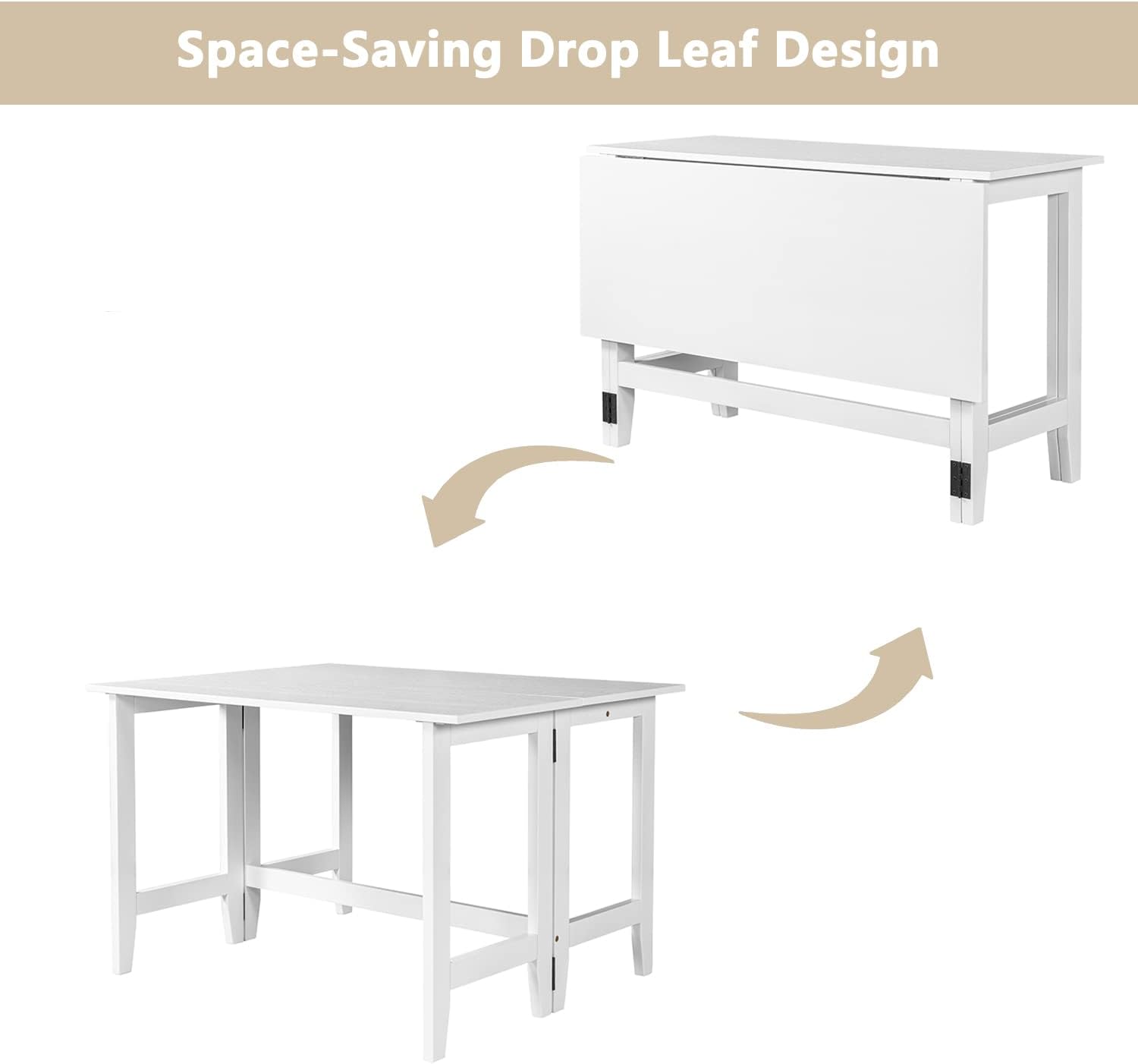 Merax Farmhouse Wood Extendable Dining Table with Drop Leaf for Small Places, Modern Freestanding Scalable Desk for Kitchen & Living Room, White