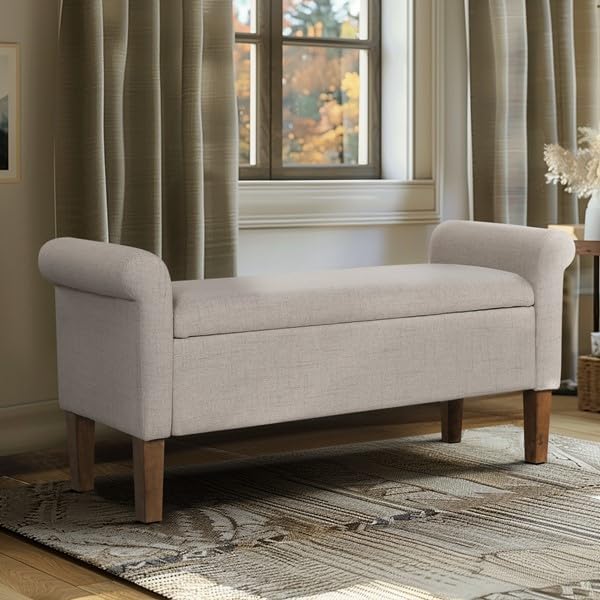 510 DESIGN Storage Ottoman - Solid Wood Legs, Polyester Fabric Entryway Accent Bench with Rolled Armrest - Modern Style Bed End Bench with Storage Bedroom Furniture, Aubrey, 46' W, Cream, 1 Piece