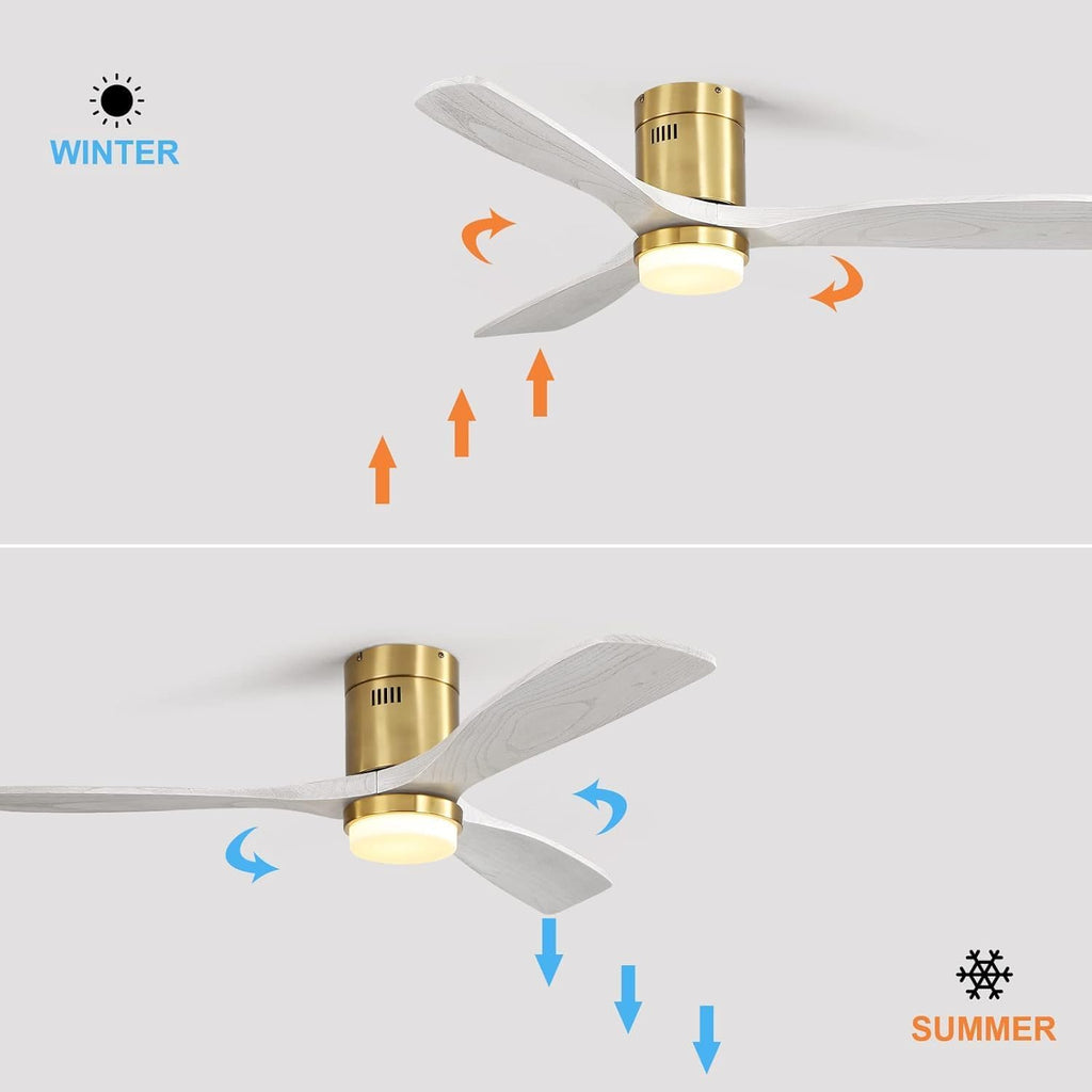 Sofucor 52 Inch Low Profile Ceiling Fan With Lights and Remote, Outdoor Modern Flush Mount Ceiling Fan 6-SPeed 3-CCT with Timer 3 Wood Blades for Bedroom Living Room Patios