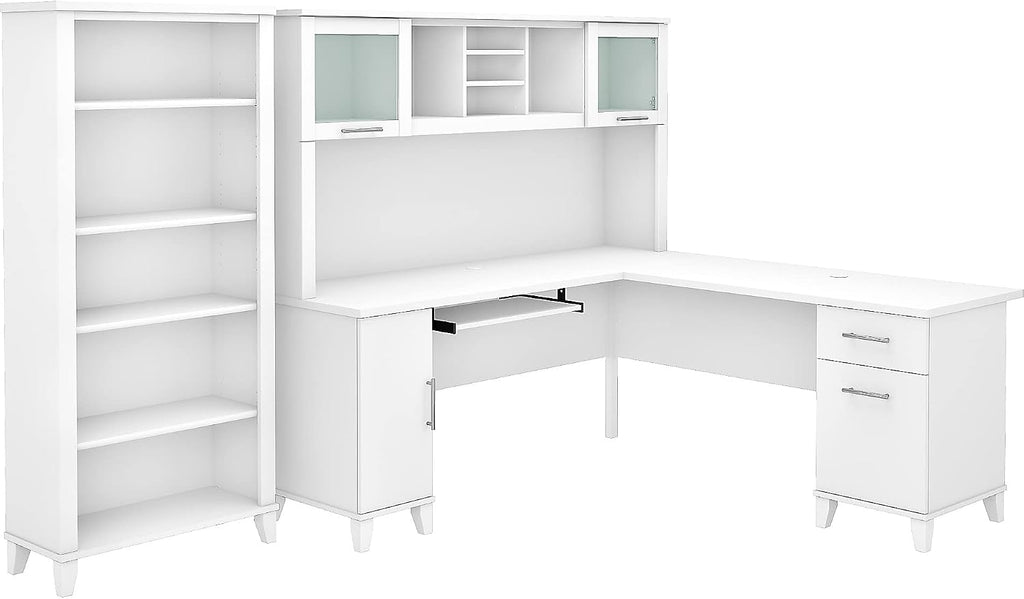 Bush Home Somerset 72W L Shaped Desk with Hutch and 5 Shelf Bookcase in White