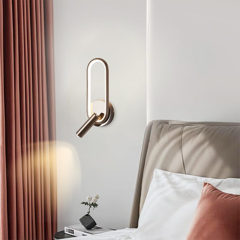 Modern Ring LED Wall Light, Metal Linear Wall Lamps with Swivel Spotlight, Indoor Wall Lighting Fixtures, 3-Color Temperature Wall Mounted Lamp for Living Room Bedroom Porch Hallway Bedside (Black)