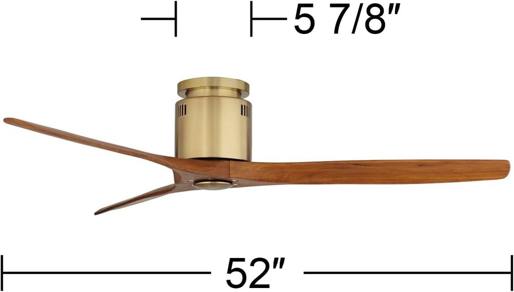 Casa Vieja 52' Windspun Modern Indoor Ceiling Fan 3 Blade Remote Control Brass Finish Motor Walnut Finish Wood Blades Bedroom Living Room Kitchen Hugger DC Motor Flush Mount Low Profile