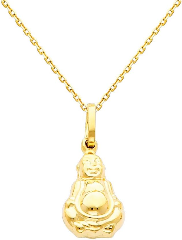 The World Jewelry Center 14k Yellow Gold Buddha Pendant with 0.9mm Cable Chain Necklace