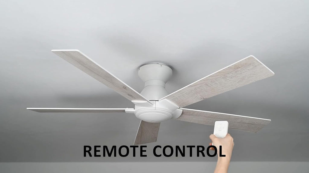 CEME 52 Inch Flush Mount Ceiling Fan without Lights, White Ceiling Fan with Remote Low Profile, 10-Speed Reversible DC Motor, 5 Dual Finish Blades, Indoor for Bedroom