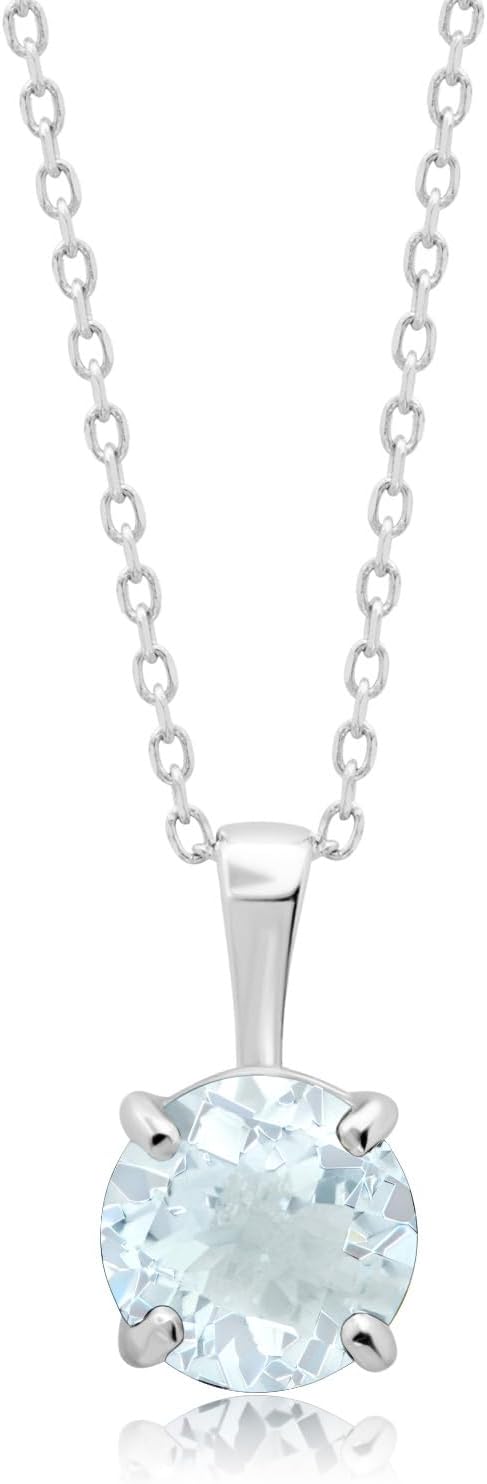 MAX + STONE 14k White or Yellow Gold Gemstone Round Pendant Necklace for Women 6mm Solitaire Birthstone with 18 Inch Cable Chain