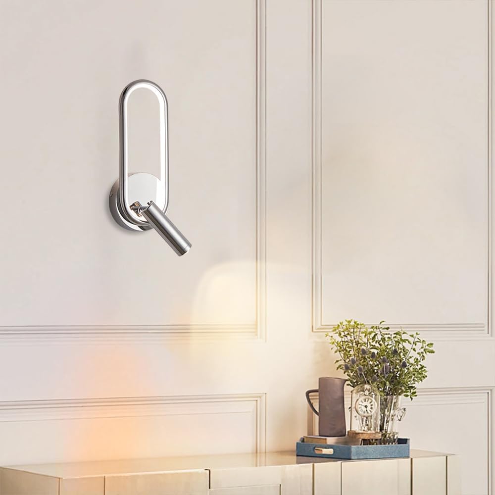 Modern Ring LED Wall Light, Metal Linear Wall Lamps with Swivel Spotlight, Indoor Wall Lighting Fixtures, 3-Color Temperature Wall Mounted Lamp for Living Room Bedroom Porch Hallway Bedside (Silver)