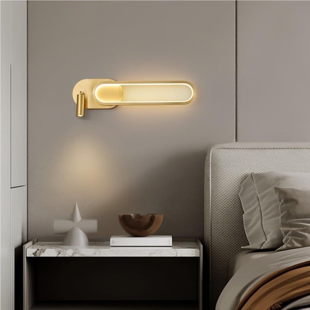 Modern Full Brass Capsule Wall Mount Light Minimalist Ring Ambient Wall Sconce with Small Spotlight Indoor 3-Color Dimmable Decor Wall Lamp for Bedroom Living Room